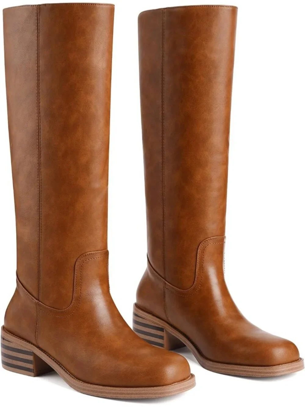 Women Saddle Brown Chunky Block Heel Square Toe Going Out Knee High Riding Boots